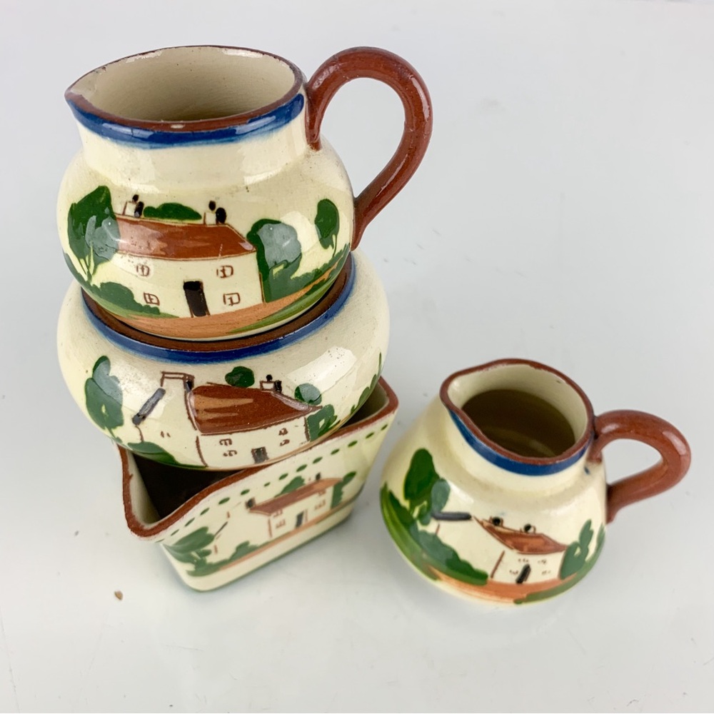4 Antique Torquay Allervale Motto Ware Aphorism Pottery Creamer Mugs Cottage